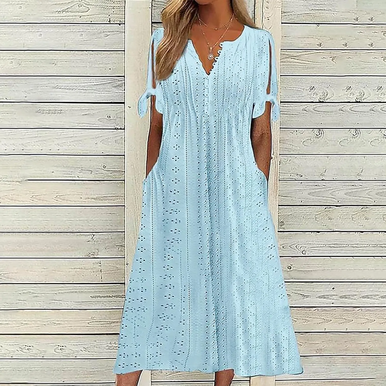 FZYLQY Summer Dresses for Womens 2024 Fashion Hollow Out Sundress Short Sleeve V Neck Dress Button Ruffle Flowy A-Line Dress