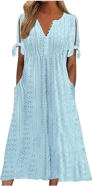 FZYLQY Summer Dresses for Womens 2024 Fashion Hollow Out Sundress Short Sleeve V Neck Dress Button Ruffle Flowy A-Line Dress