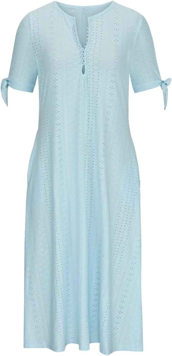 FZYLQY Summer Dresses for Womens 2024 Fashion Hollow Out Sundress Short Sleeve V Neck Dress Button Ruffle Flowy A-Line Dress