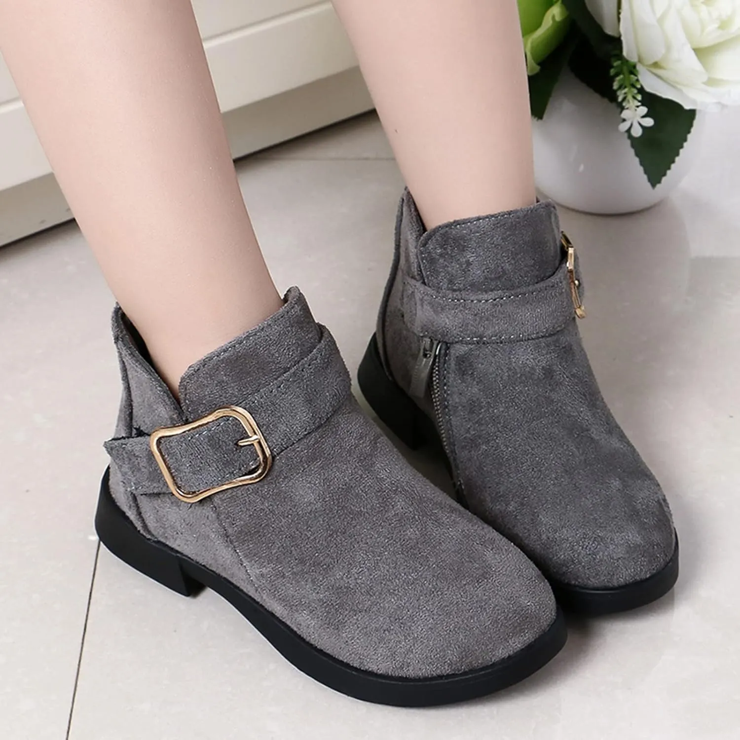 Girl Boots Kids Ankle Boots Warm Side Zipper Boots Low Heel Short Booties Winter Snow Boots Toddler Anti-Slip Shoes