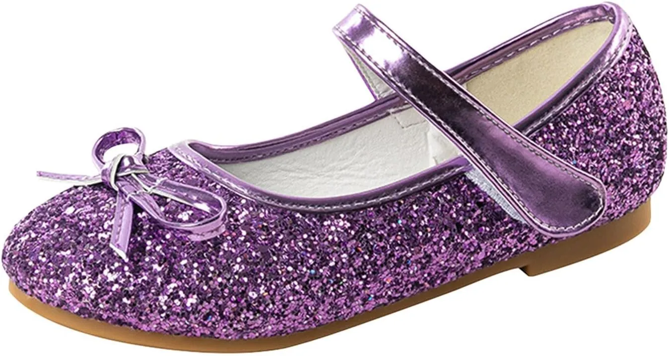 Girls Cute Bowknot Glitter Dress Shoes Mary Jane Low Heels Party Wedding Prom Formal Shoes for Preppy Teens Kids