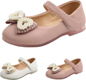 Girls Leather Soft Closed Toe Sandals Bow Pearl Glitter Strap Princess Shoes Kids Ankle Wedding Pageant Dress Sandals