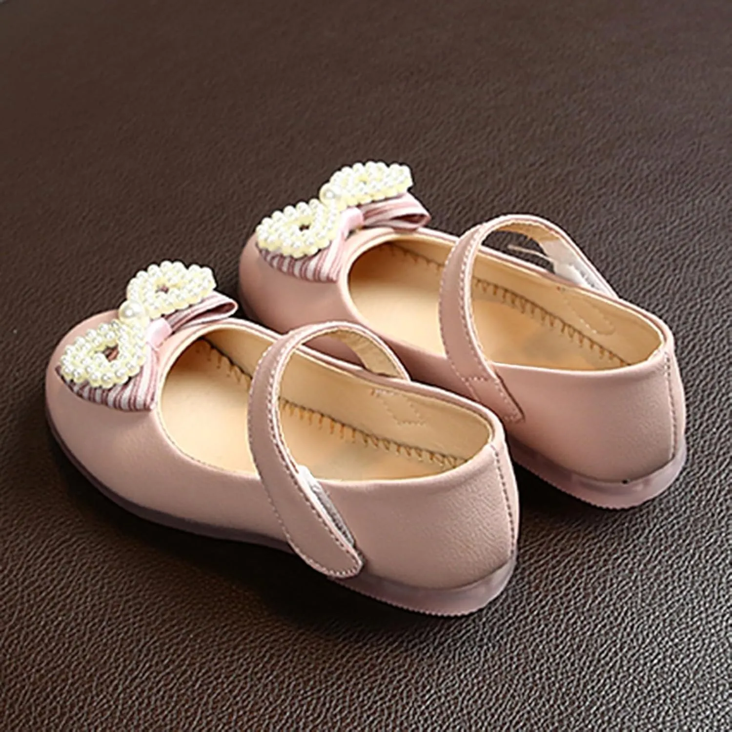 Girls Leather Soft Closed Toe Sandals Bow Pearl Glitter Strap Princess Shoes Kids Ankle Wedding Pageant Dress Sandals