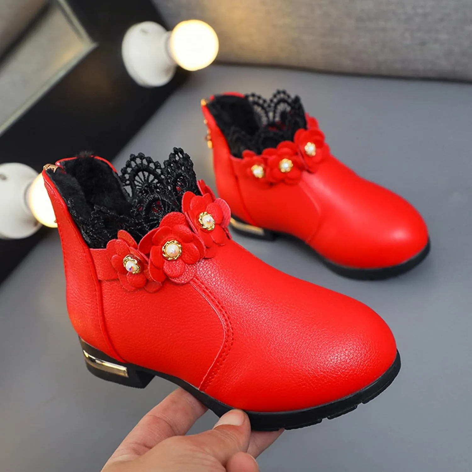 Girl's Low Heel Ankle Booties with Zipper Toddler Kids Fashion Short Ankle Boots Pearls Lace Flower Dress Booties