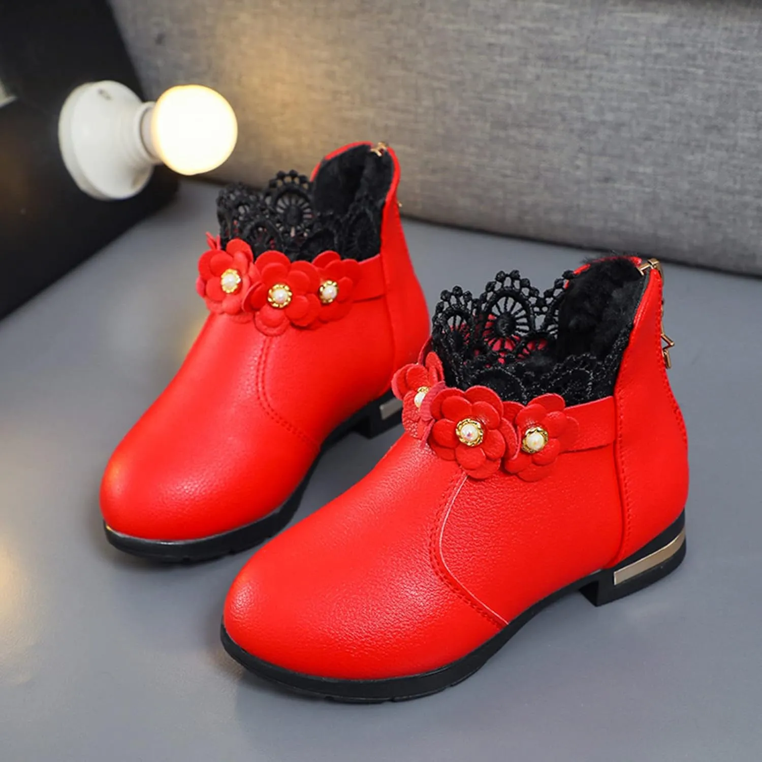 Girl's Low Heel Ankle Booties with Zipper Toddler Kids Fashion Short Ankle Boots Pearls Lace Flower Dress Booties