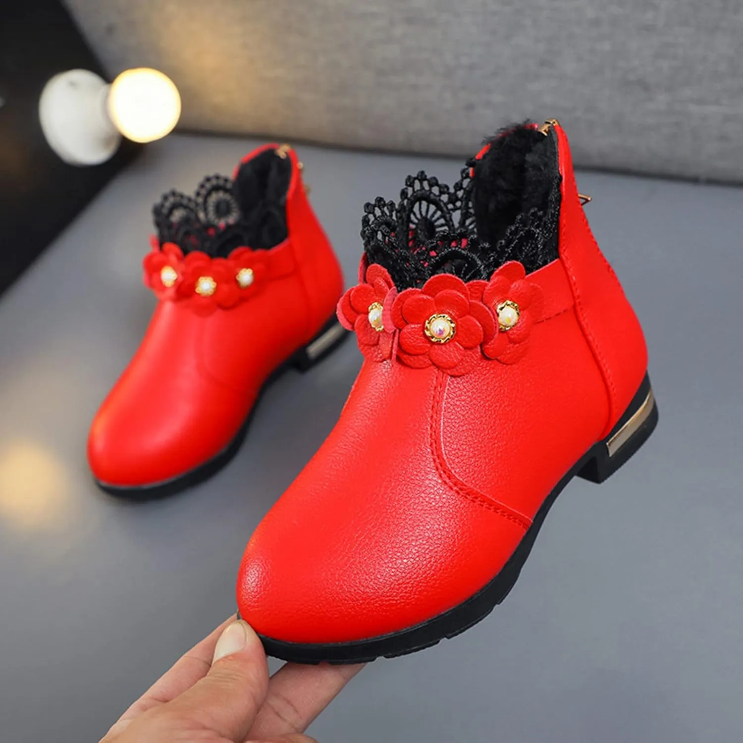 Girl's Low Heel Ankle Booties with Zipper Toddler Kids Fashion Short Ankle Boots Pearls Lace Flower Dress Booties