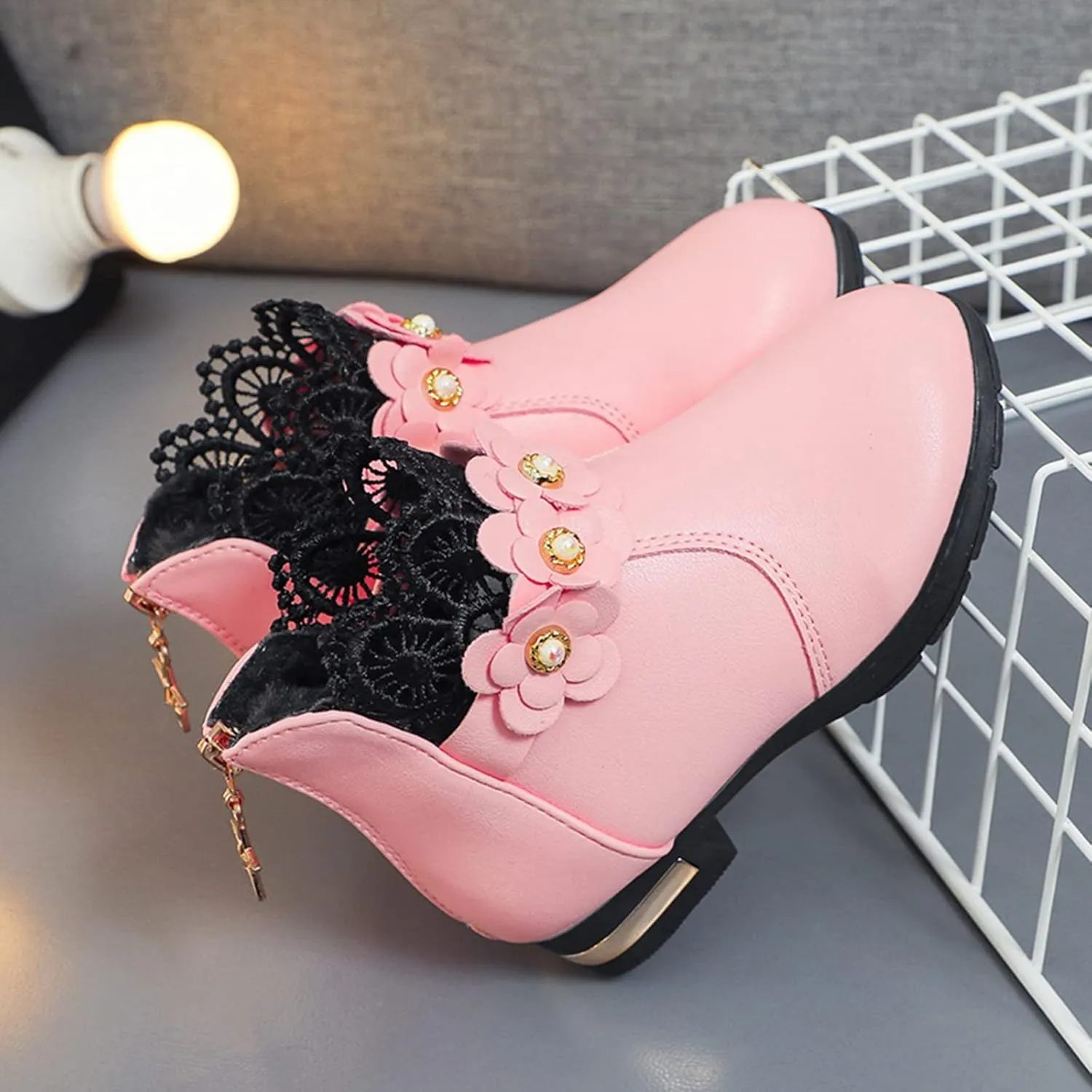 Girl's Low Heel Ankle Booties with Zipper Toddler Kids Fashion Short Ankle Boots Pearls Lace Flower Dress Booties