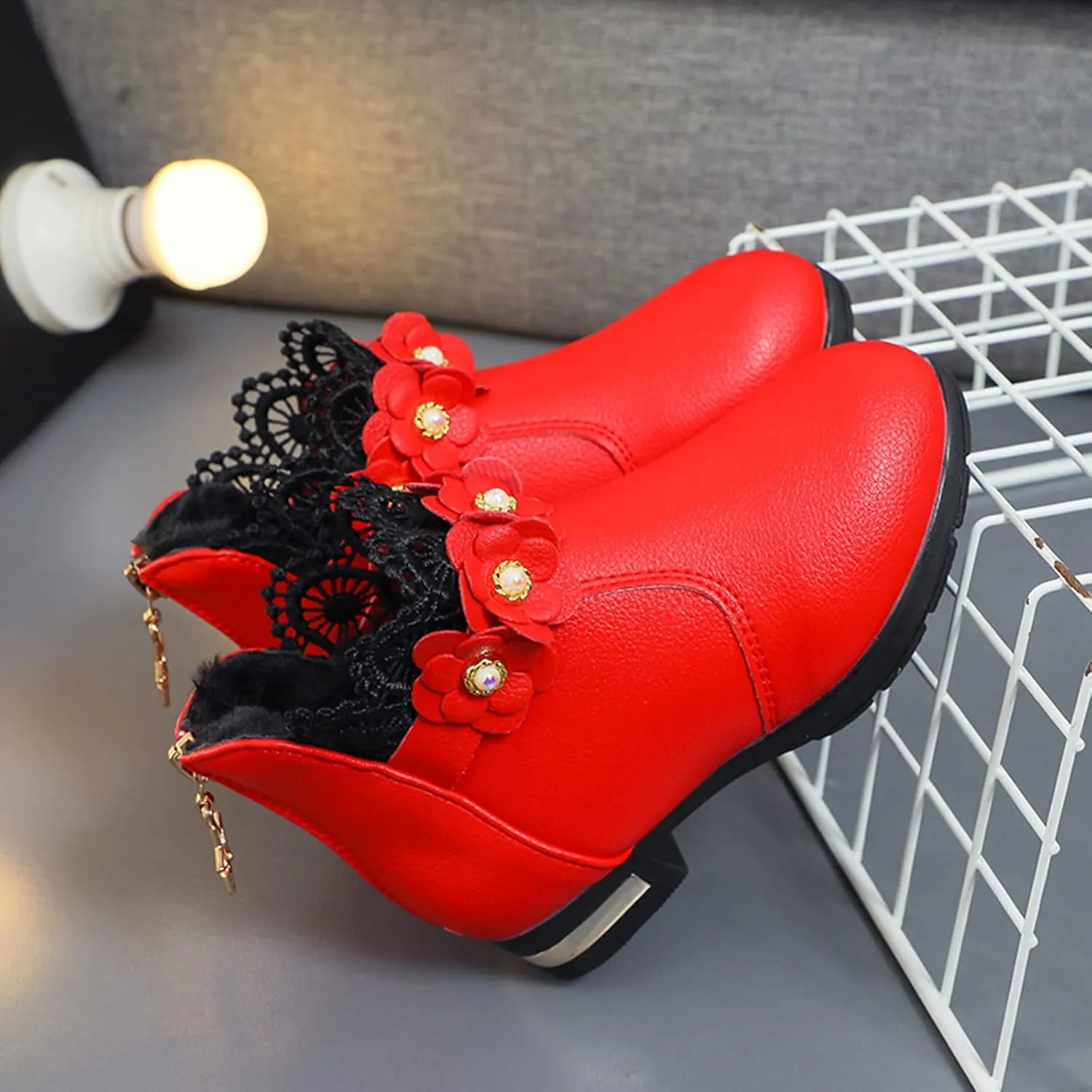 Girl's Low Heel Ankle Booties with Zipper Toddler Kids Fashion Short Ankle Boots Pearls Lace Flower Dress Booties