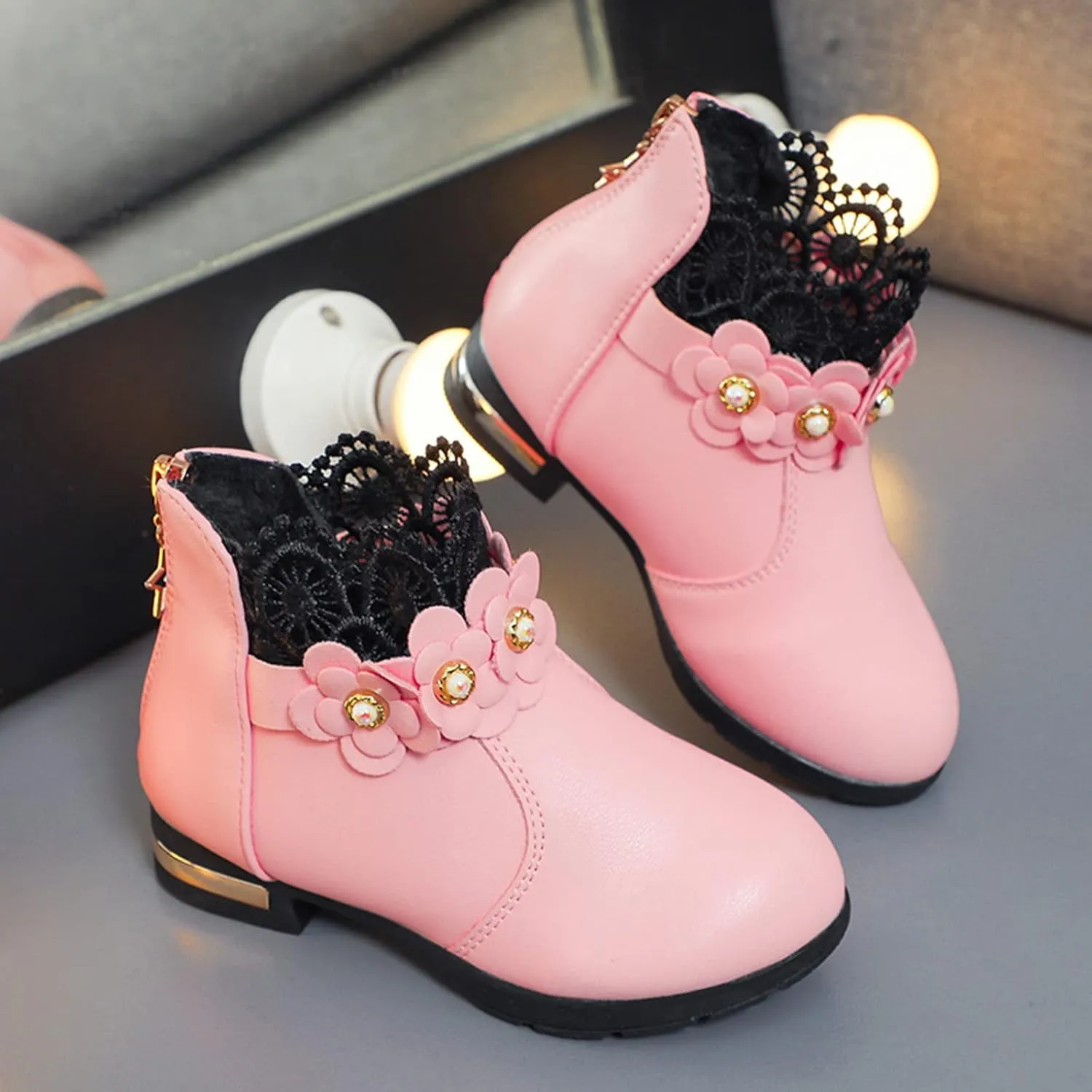 Girl's Low Heel Ankle Booties with Zipper Toddler Kids Fashion Short Ankle Boots Pearls Lace Flower Dress Booties