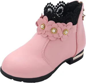 Girl's Low Heel Ankle Booties with Zipper Toddler Kids Fashion Short Ankle Boots Pearls Lace Flower Dress Booties