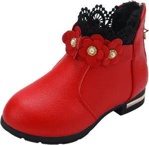 Girl's Low Heel Ankle Booties with Zipper Toddler Kids Fashion Short Ankle Boots Pearls Lace Flower Dress Booties
