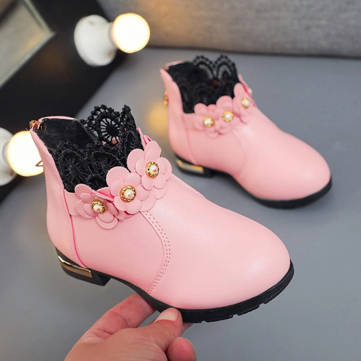Girl's Low Heel Ankle Booties with Zipper Toddler Kids Fashion Short Ankle Boots Pearls Lace Flower Dress Booties