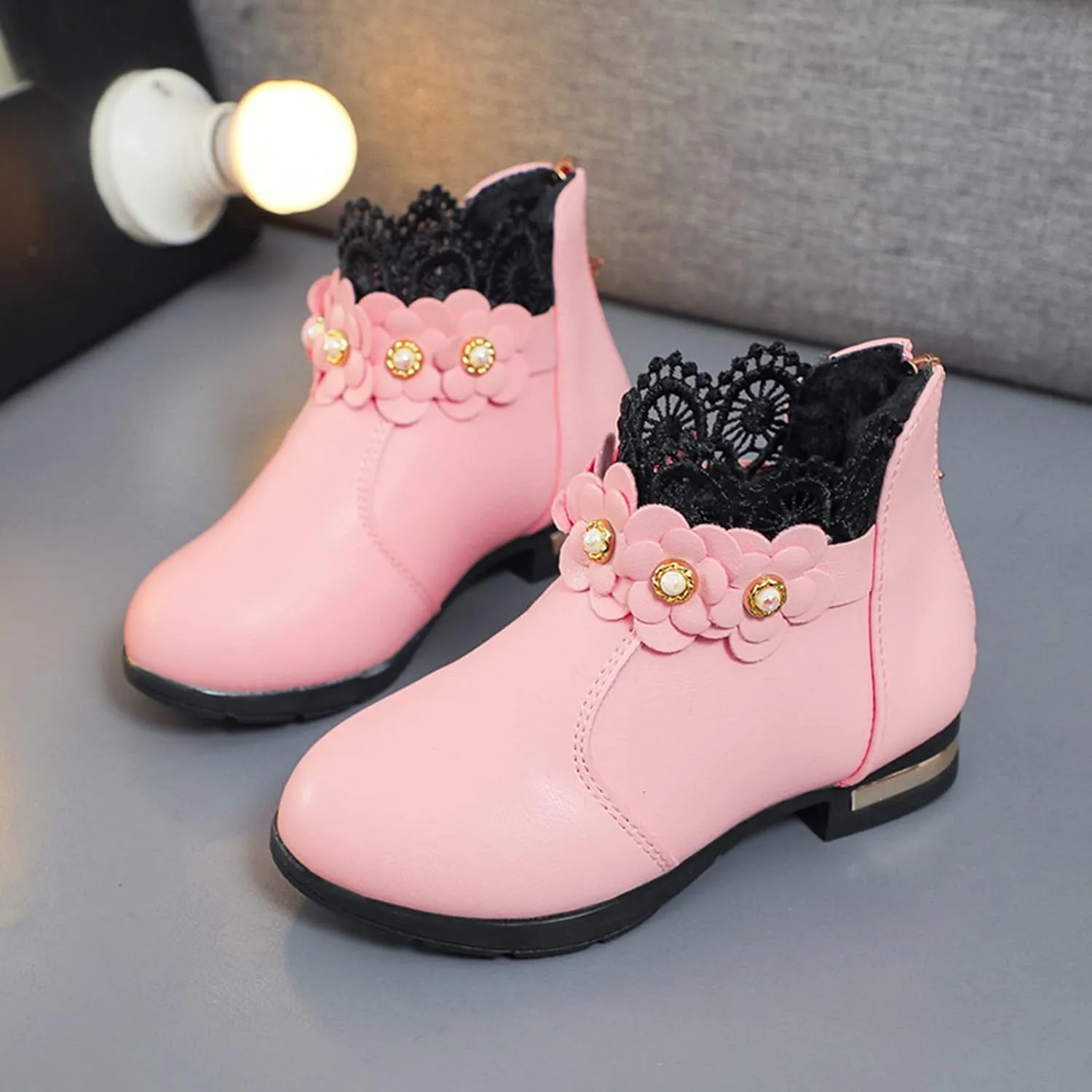 Girl's Low Heel Ankle Booties with Zipper Toddler Kids Fashion Short Ankle Boots Pearls Lace Flower Dress Booties