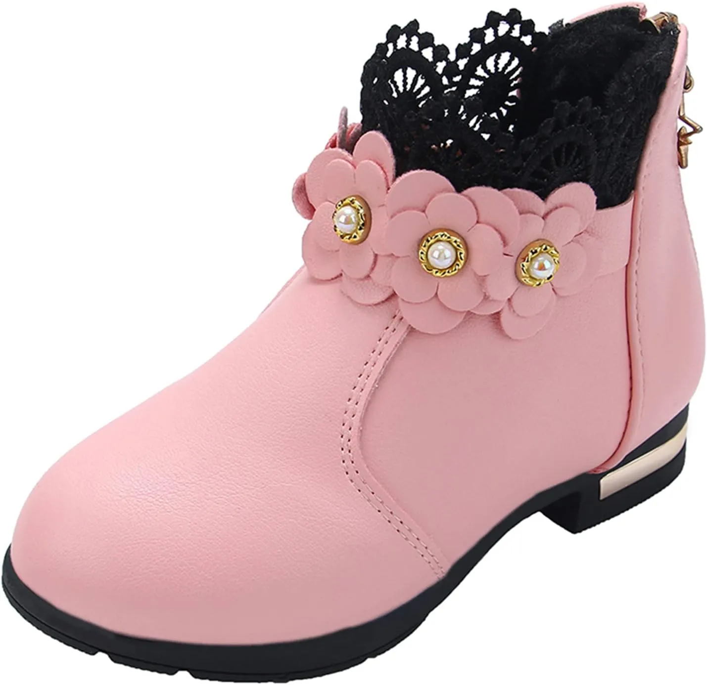 Girl's Low Heel Ankle Booties with Zipper Toddler Kids Fashion Short Ankle Boots Pearls Lace Flower Dress Booties