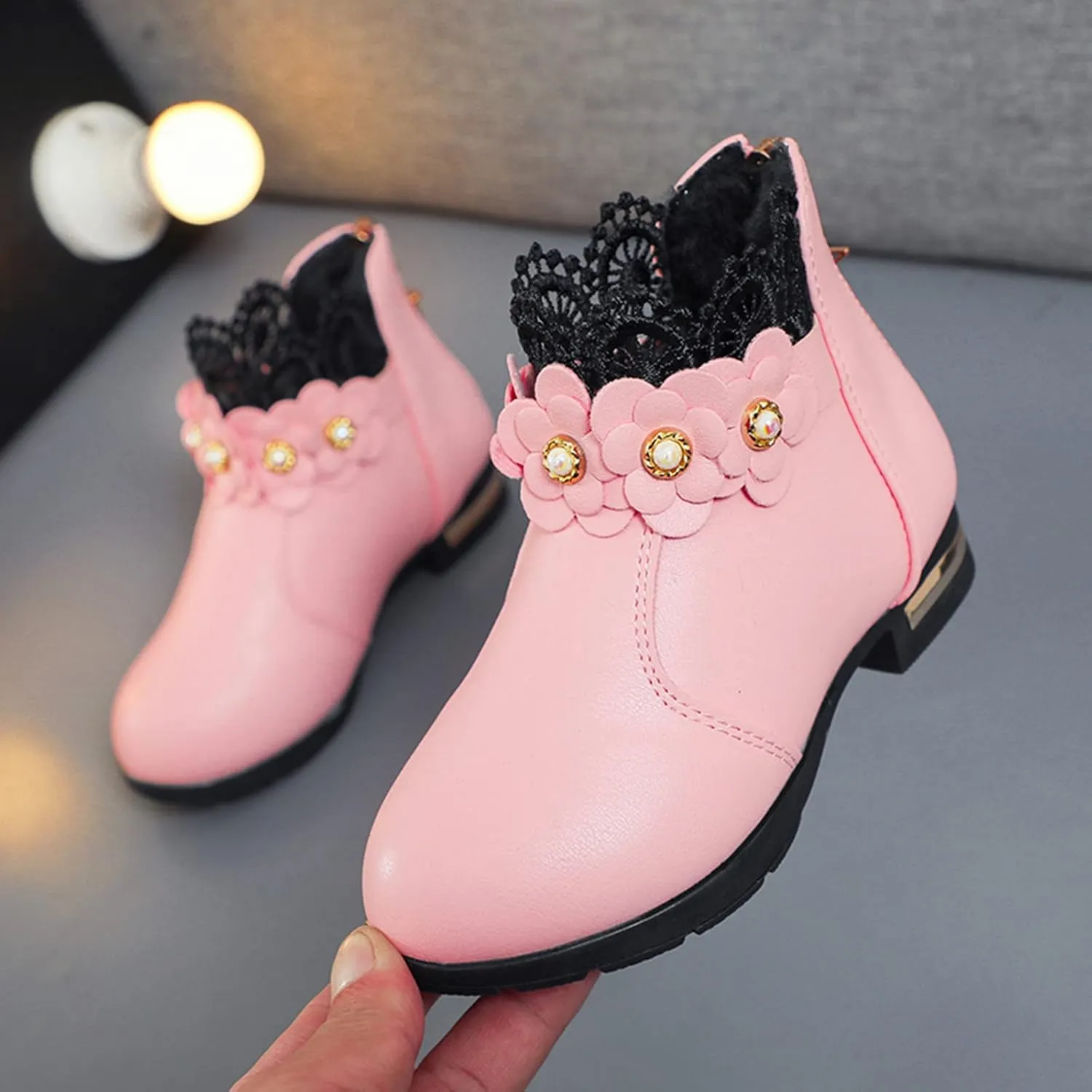 Girl's Low Heel Ankle Booties with Zipper Toddler Kids Fashion Short Ankle Boots Pearls Lace Flower Dress Booties