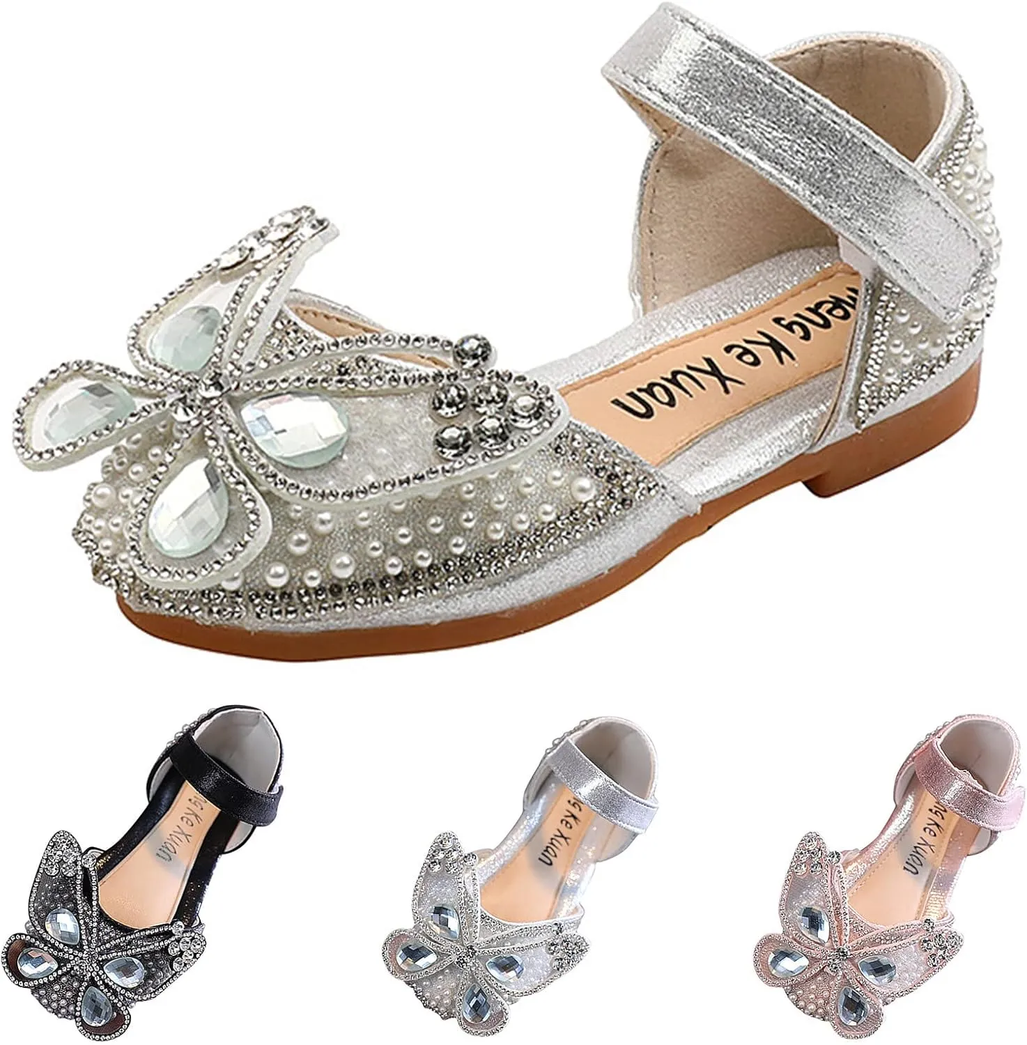 Girls Sandals, Closed Toe Cute Butterfly Princess Flat, Sparkly Summer Dress Shoes, Glitter Rhinestone Flats Sandals