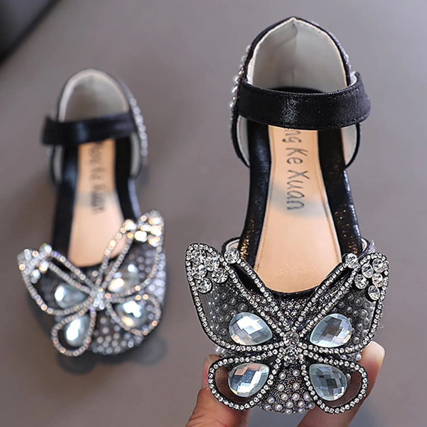 Girls Sandals, Closed Toe Cute Butterfly Princess Flat, Sparkly Summer Dress Shoes, Glitter Rhinestone Flats Sandals