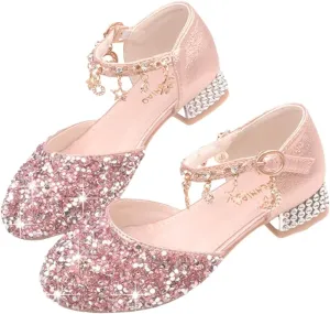 Girls Sandals Princess Low Heels Dress Shoes Sequins Flower Wedding Party Dance Pump Shoe for Toddler Little Kid