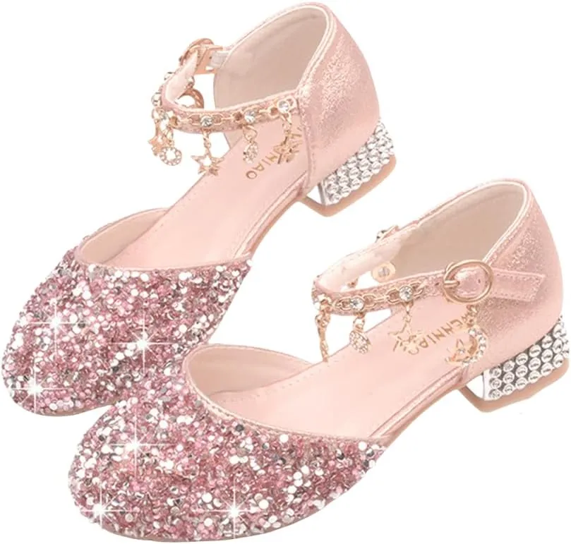 Girls Sandals Princess Low Heels Dress Shoes Sequins Flower Wedding Party Dance Pump Shoe for Toddler Little Kid