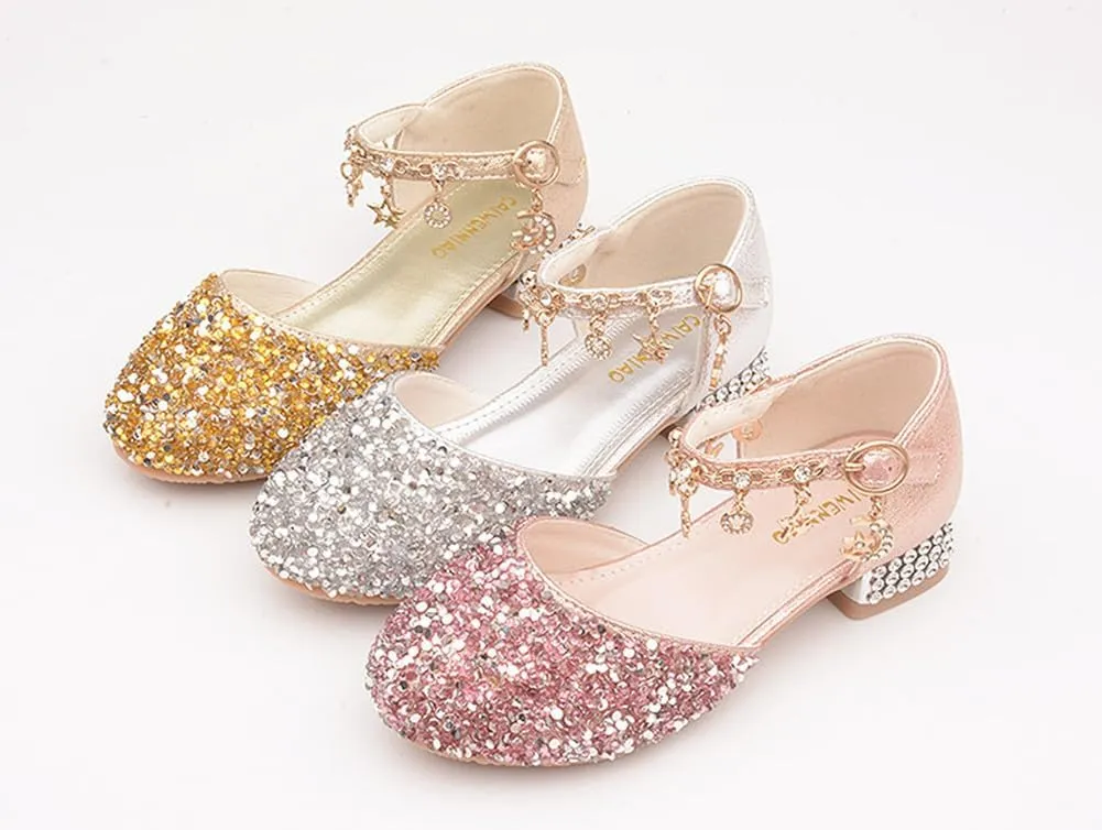 Girls Sandals Princess Low Heels Dress Shoes Sequins Flower Wedding Party Dance Pump Shoe for Toddler Little Kid