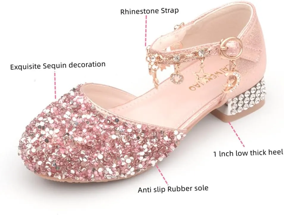 Girls Sandals Princess Low Heels Dress Shoes Sequins Flower Wedding Party Dance Pump Shoe for Toddler Little Kid