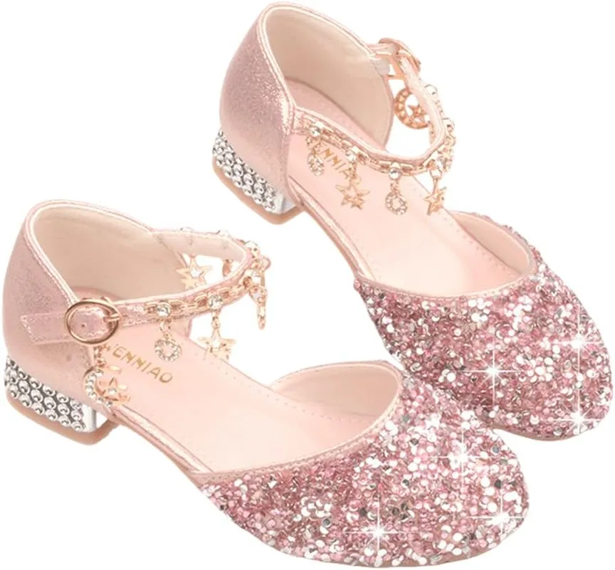 Girls Sandals Princess Low Heels Dress Shoes Sequins Flower Wedding Party Dance Pump Shoe for Toddler Little Kid
