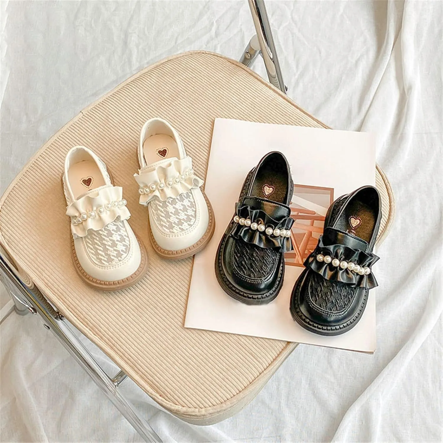 Girls School niform Loafer Flats Kids Leather Dress Shoes Pearl Mary Jane Slip On Platform Round Toe Dress Shoes