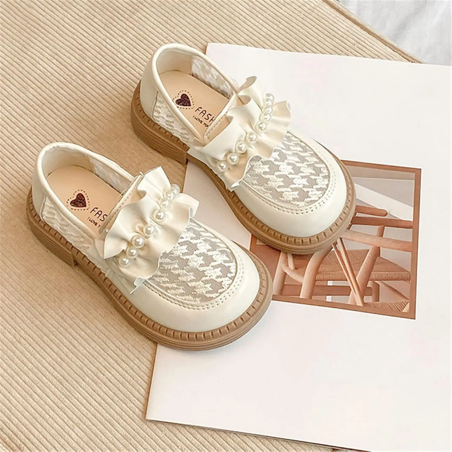 Girls School niform Loafer Flats Kids Leather Dress Shoes Pearl Mary Jane Slip On Platform Round Toe Dress Shoes