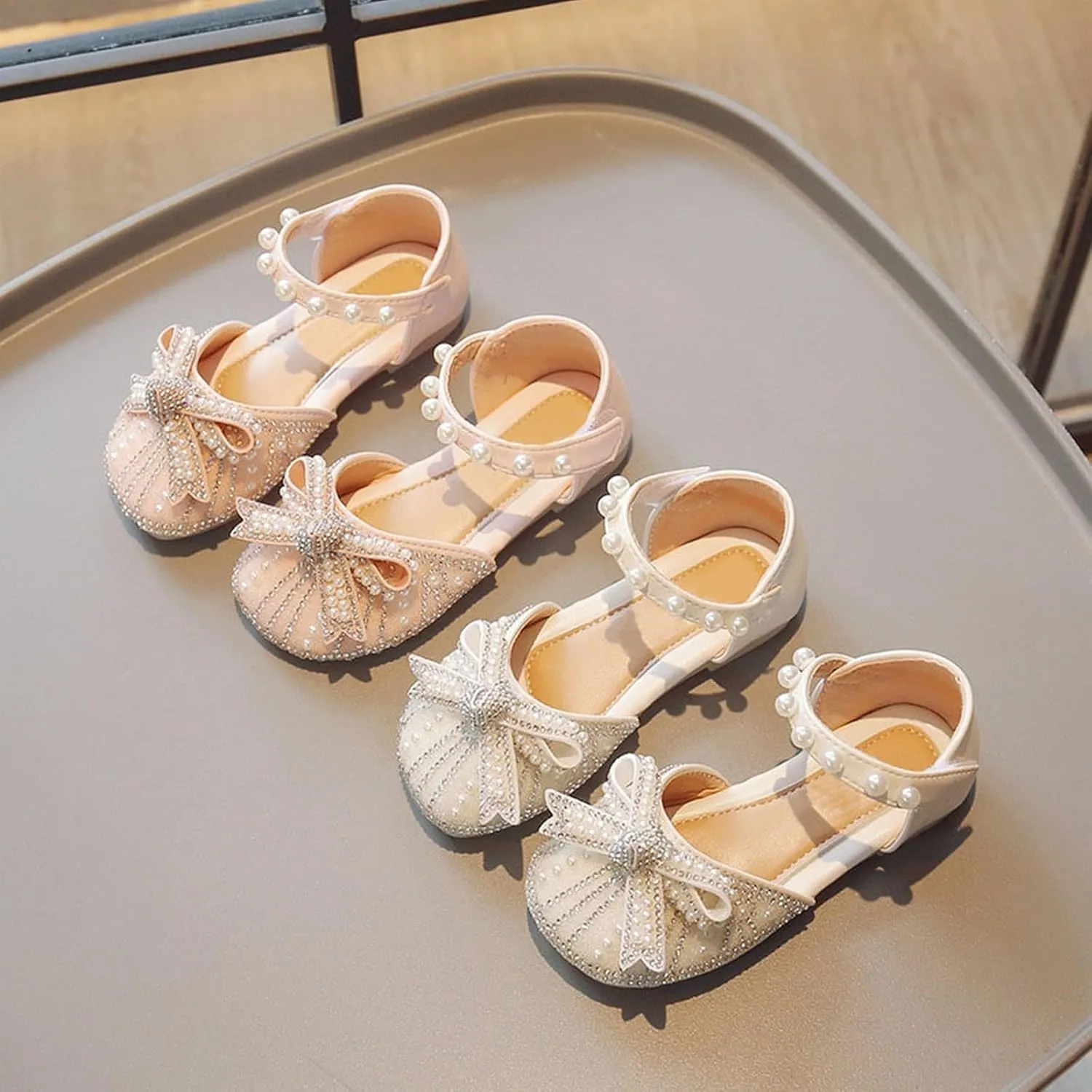 Girls Sparkly Princess Dress Shoes Kid Toddler Pearl Bow Wedding Party Flower Bridesmaids Mary Jane Ballet Flats