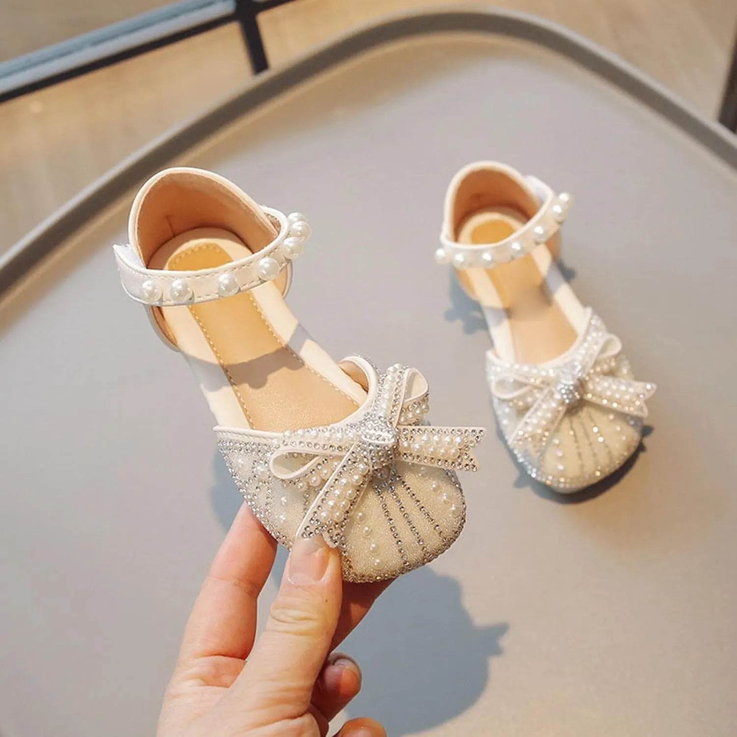 Girls Sparkly Princess Dress Shoes Kid Toddler Pearl Bow Wedding Party Flower Bridesmaids Mary Jane Ballet Flats