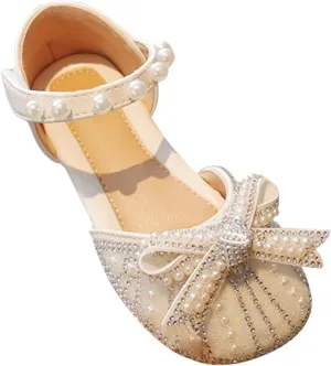 Girls Sparkly Princess Dress Shoes Kid Toddler Pearl Bow Wedding Party Flower Bridesmaids Mary Jane Ballet Flats