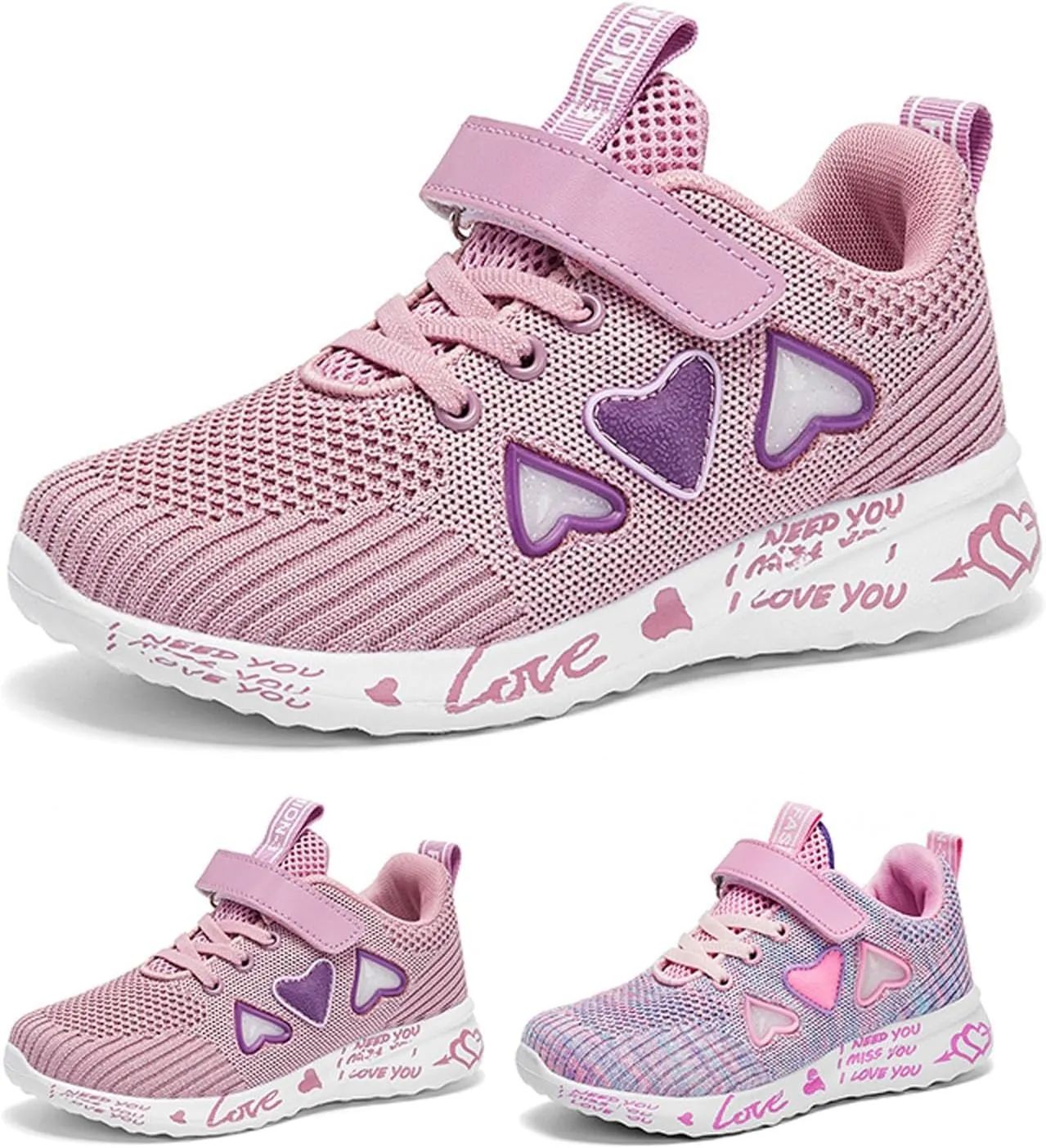 Girls Tennis Shoes Kids Fashion Sneaker Heart Pattern Athletic Running Tennis Sports Shoe with One Strap