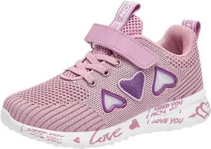 Girls Tennis Shoes Kids Fashion Sneaker Heart Pattern Athletic Running Tennis Sports Shoe with One Strap