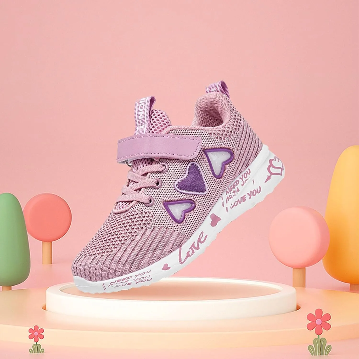 Girls Tennis Shoes Kids Fashion Sneaker Heart Pattern Athletic Running Tennis Sports Shoe with One Strap