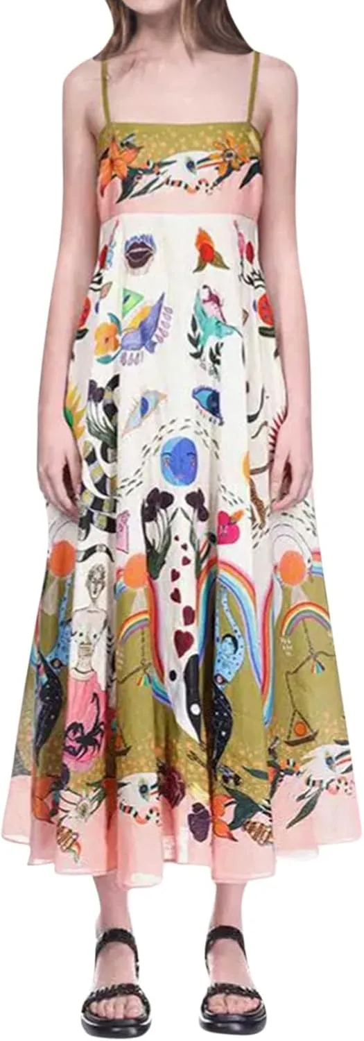 Hawaiian Dresses for Women Loose Striped Sleeveless Spaghetti Strap Boho Dress Flowy Graffiti Long Aline Sun Dress