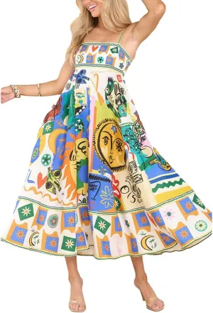 Hawaiian Dresses for Women Striped Sleeveless Spaghetti Strap Boho Dress Flowy Graffiti Long Aline Sundresses