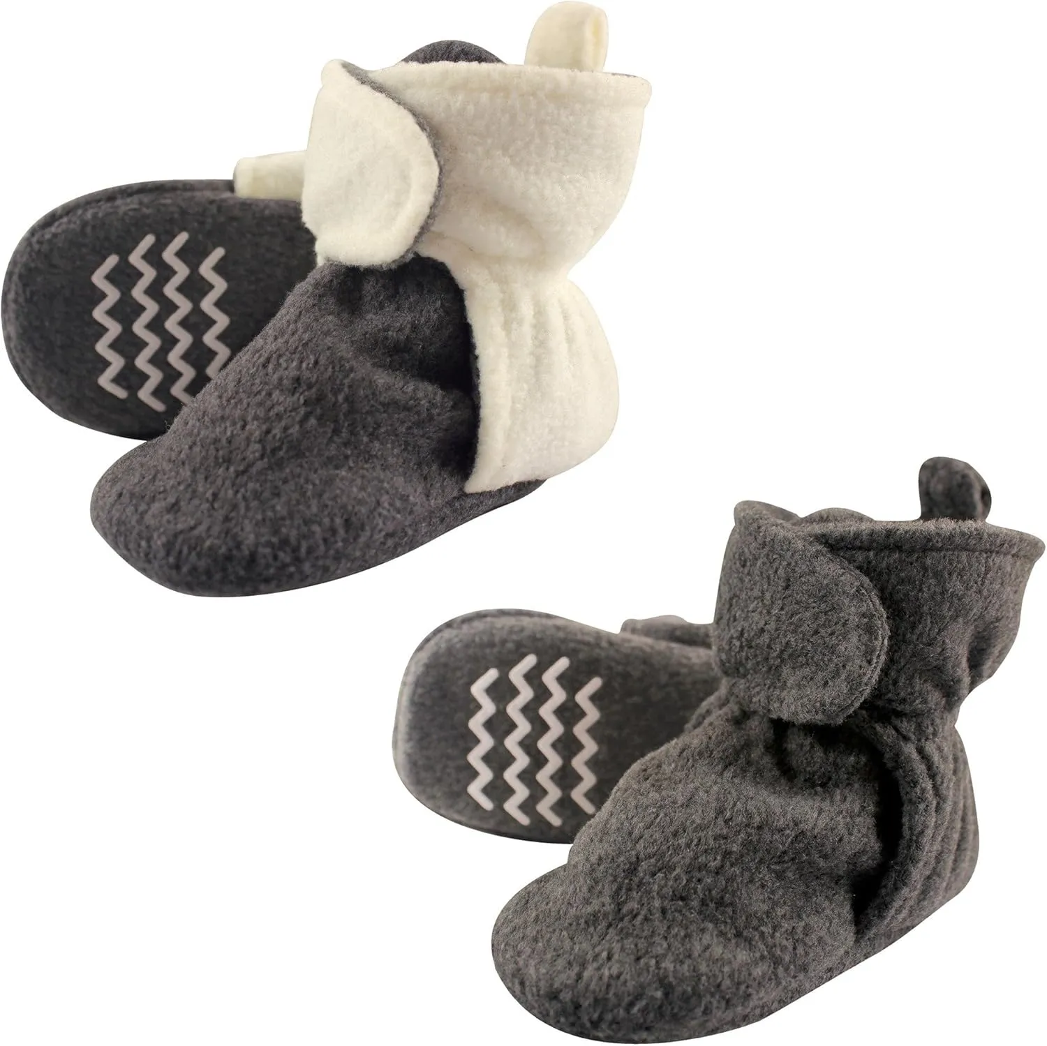 Hudson Baby Cozy Fleece Booties with Non Skid Bottom, 2 Pack, Charcoal Cream