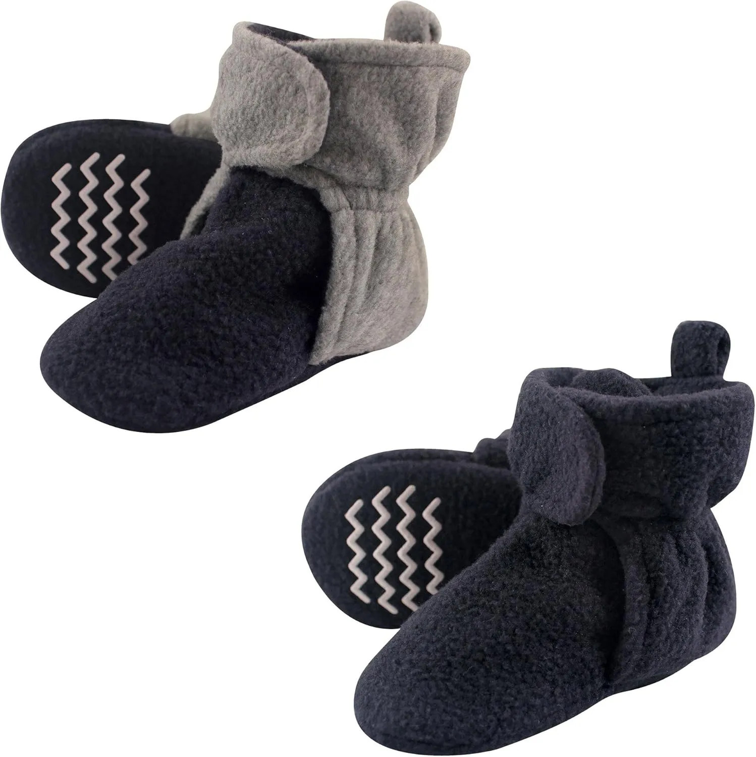 Hudson Baby Cozy Fleece Booties with Non Skid Bottom, 2 Pack, Navy/Gray, 6-12 Months
