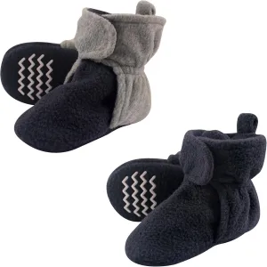 Hudson Baby Cozy Fleece Booties with Non Skid Bottom, 2 Pack, Navy/Gray, 6-12 Months