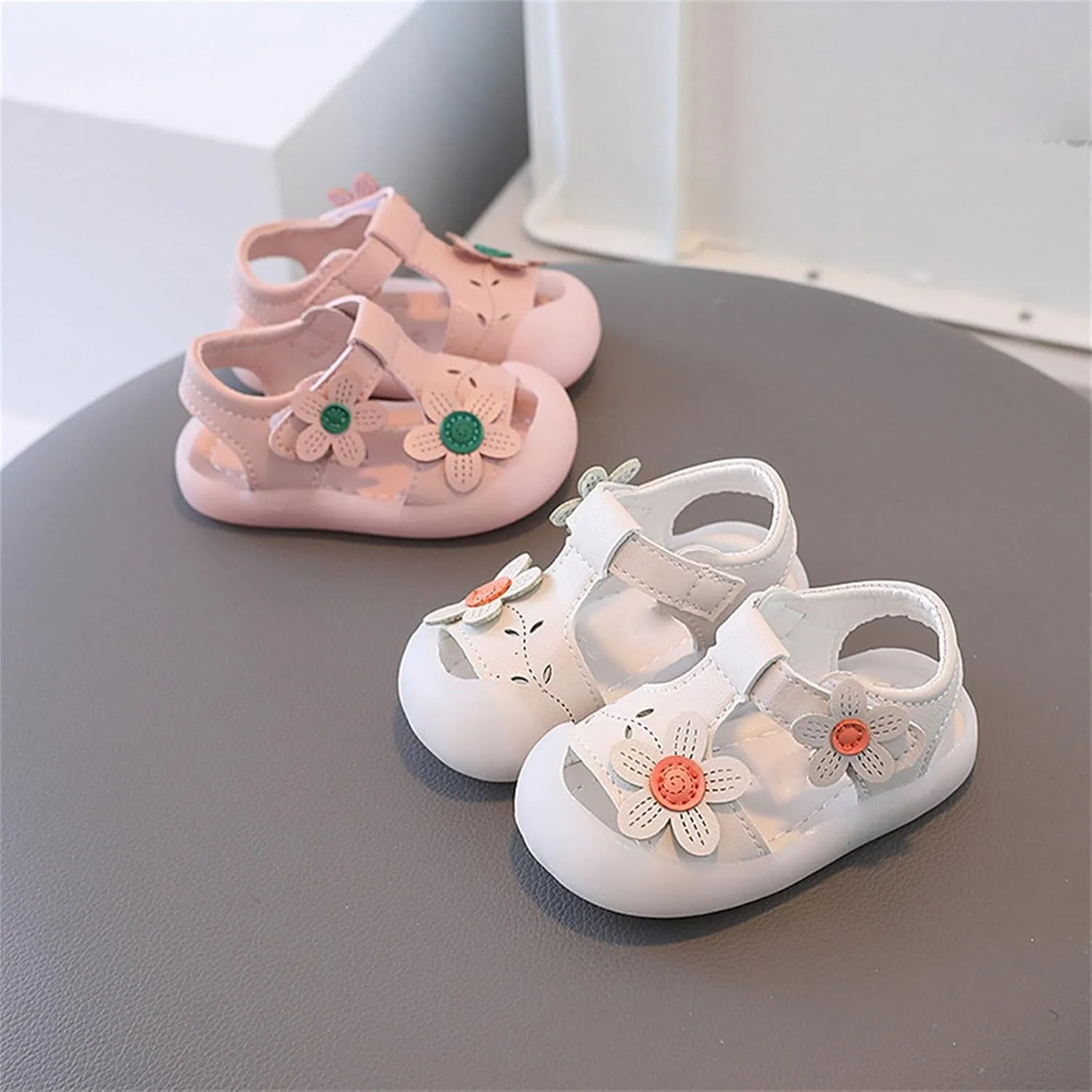 Infant Baby Girl Closed Toe Sandals with Flower Lightweight Rubber Soft Sole Non-Slip Cute Flat Shoes for Toddler