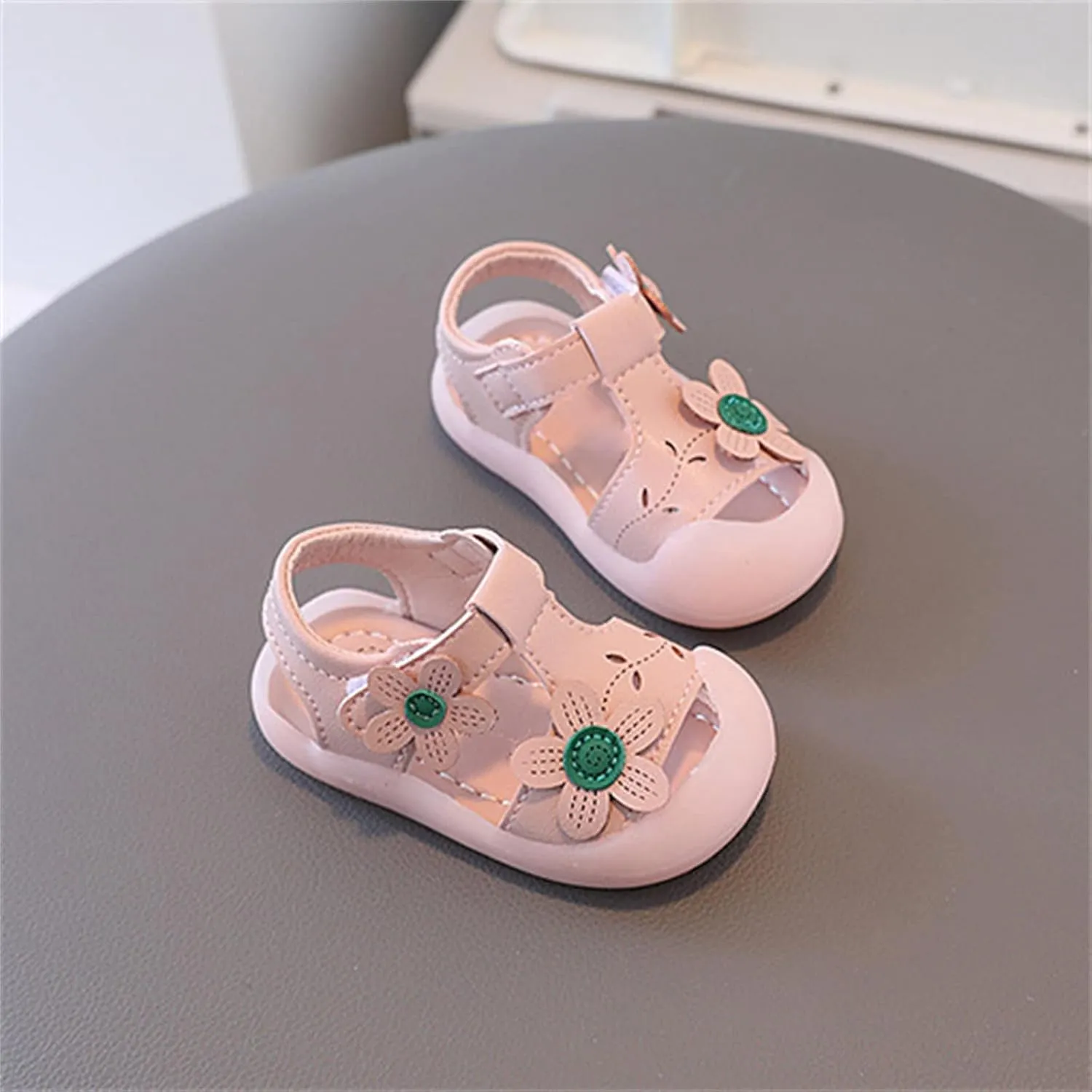 Infant Baby Girl Closed Toe Sandals with Flower Lightweight Rubber Soft Sole Non-Slip Cute Flat Shoes for Toddler