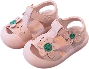 Infant Baby Girl Closed Toe Sandals with Flower Lightweight Rubber Soft Sole Non-Slip Cute Flat Shoes for Toddler