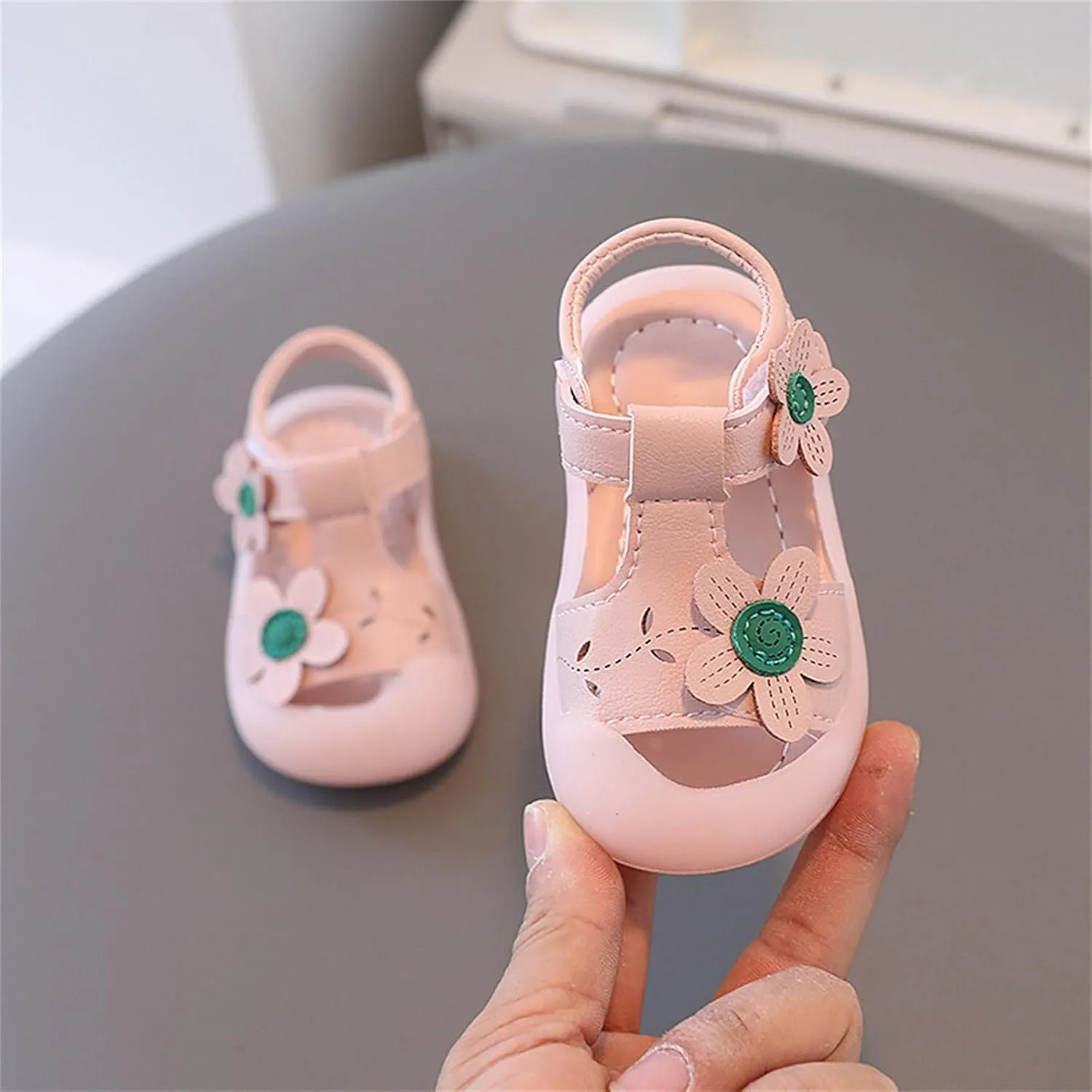 Infant Baby Girl Closed Toe Sandals with Flower Lightweight Rubber Soft Sole Non-Slip Cute Flat Shoes for Toddler