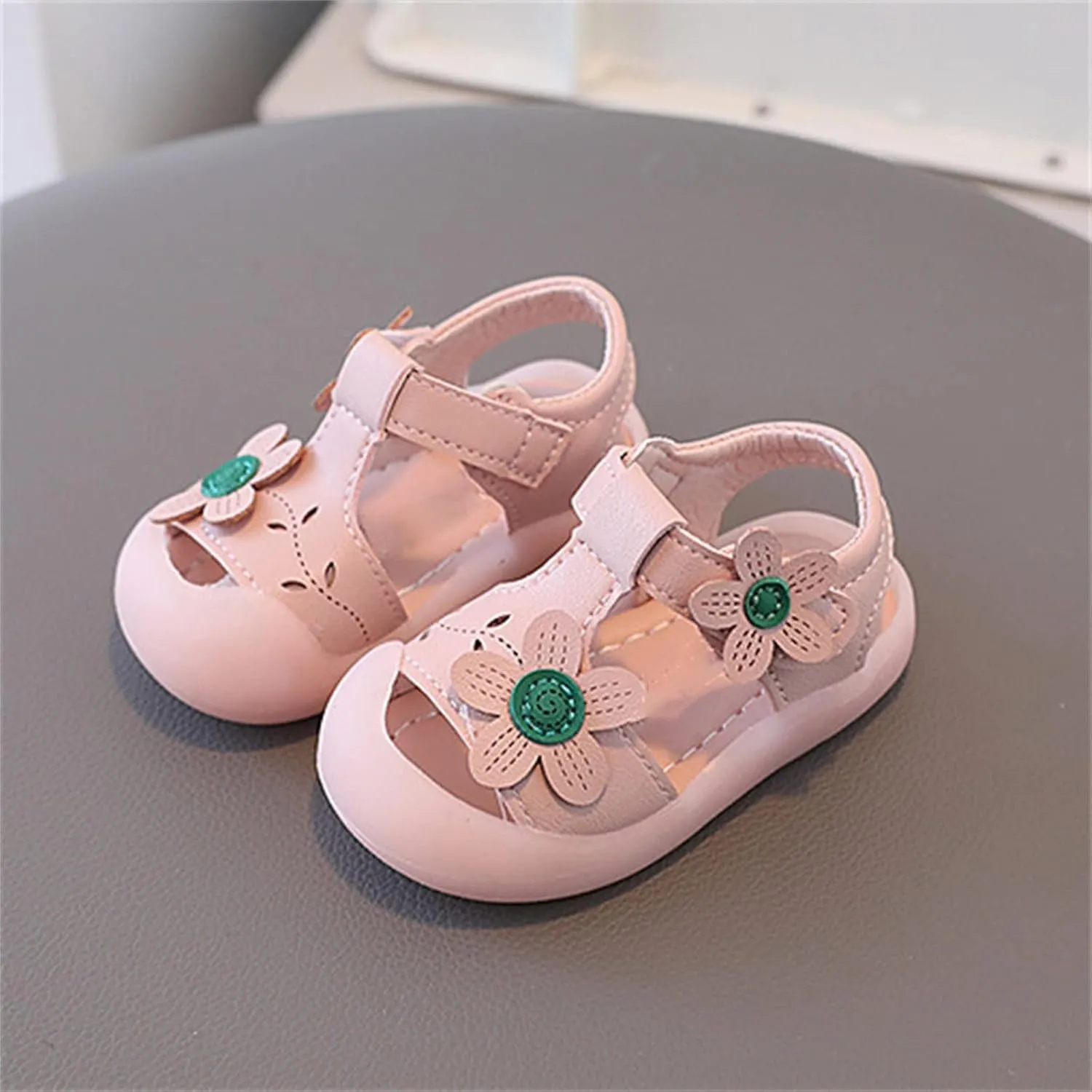 Infant Baby Girl Closed Toe Sandals with Flower Lightweight Rubber Soft Sole Non-Slip Cute Flat Shoes for Toddler