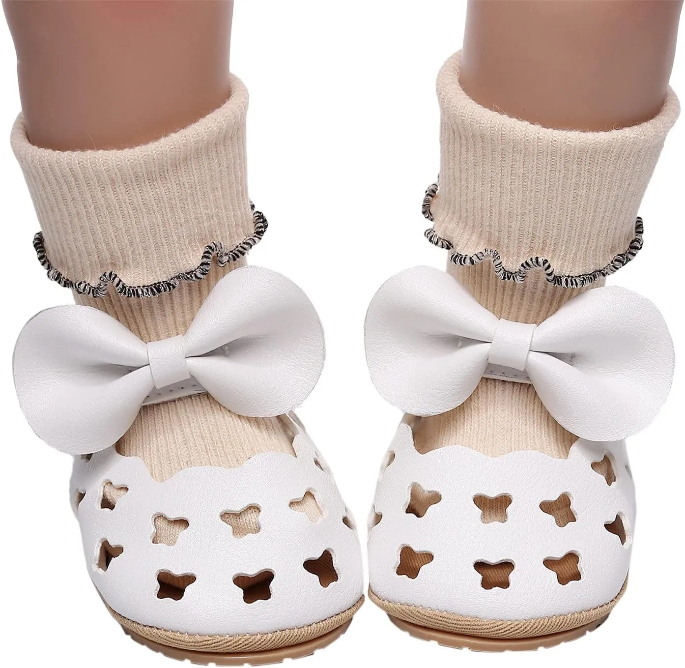 Infant Girls Hollow Out Bowknot Dress Shoes Lightweight Breathable Non-Slip Soft Sole Flat Mary Jane Walking Shoes