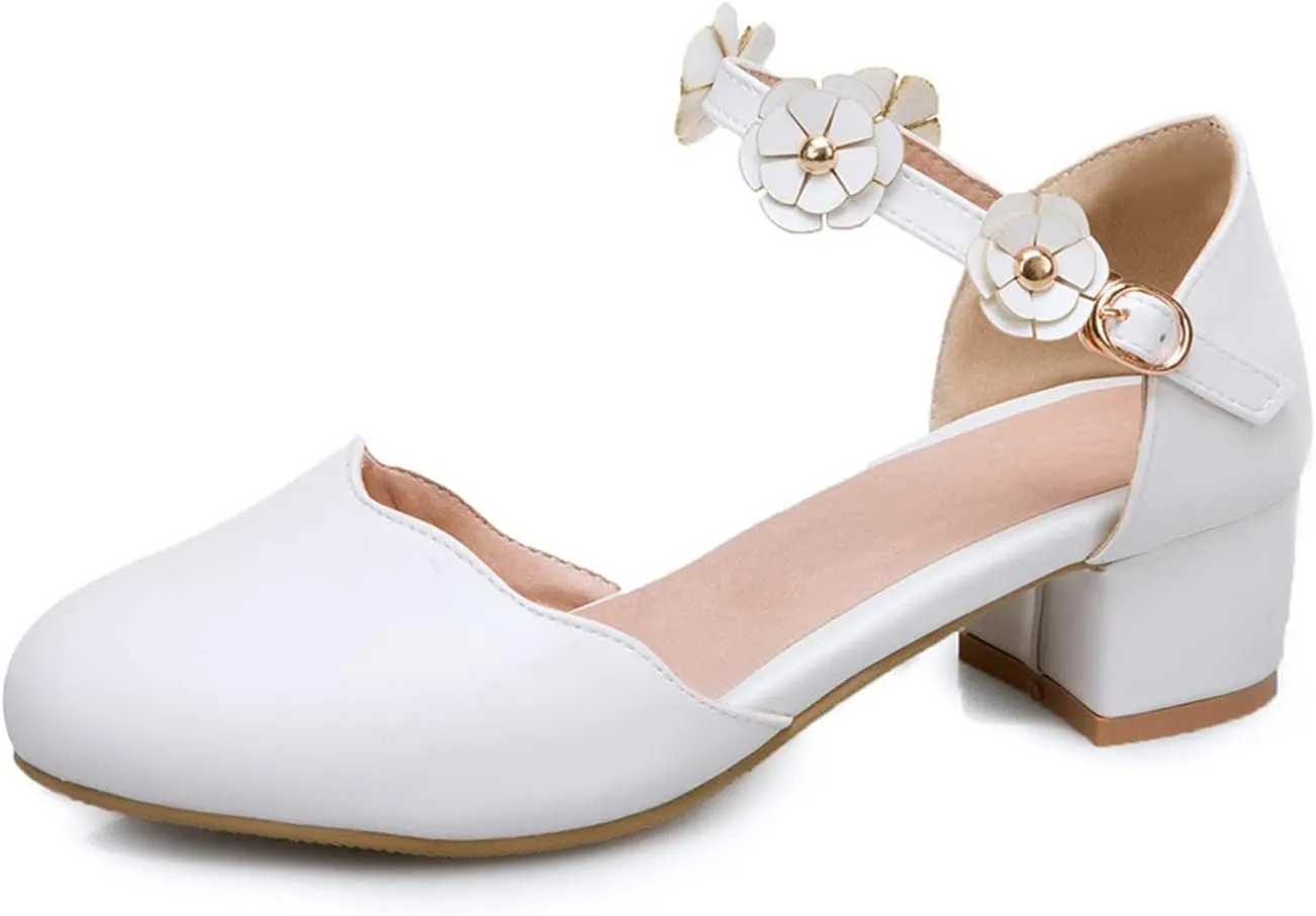 Kids Girls Mary Jane Dress Shoes Pumps Low Heels Flower Strap High School Prom Shoes Bridesmaid Summer Sandals