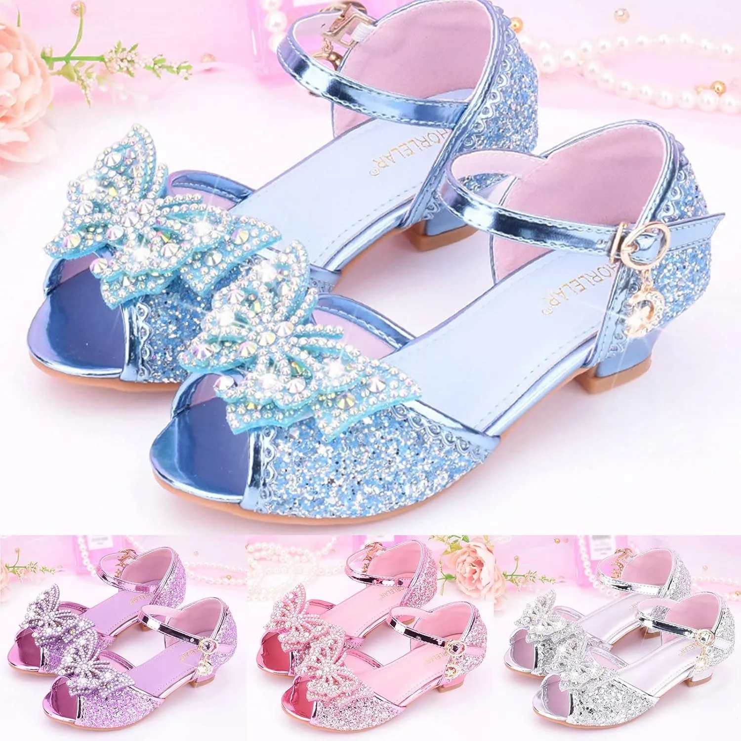 Kids Girls Party Wedding Sandals rystal Heels Open Toe Bow Formal Dress Shoes Princess Bridesmaid Shining Sandals