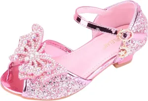 Kids Girls Party Wedding Sandals rystal Heels Open Toe Bow Formal Dress Shoes Princess Bridesmaid Shining Sandals