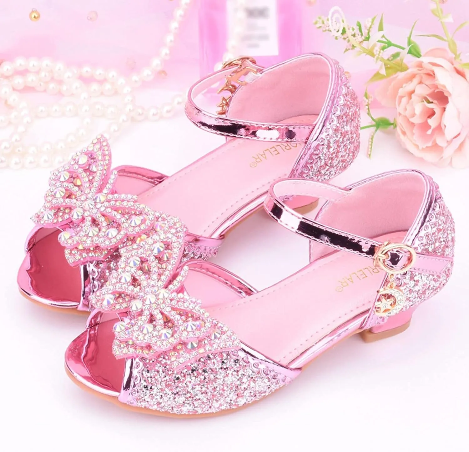 Kids Girls Party Wedding Sandals rystal Heels Open Toe Bow Formal Dress Shoes Princess Bridesmaid Shining Sandals
