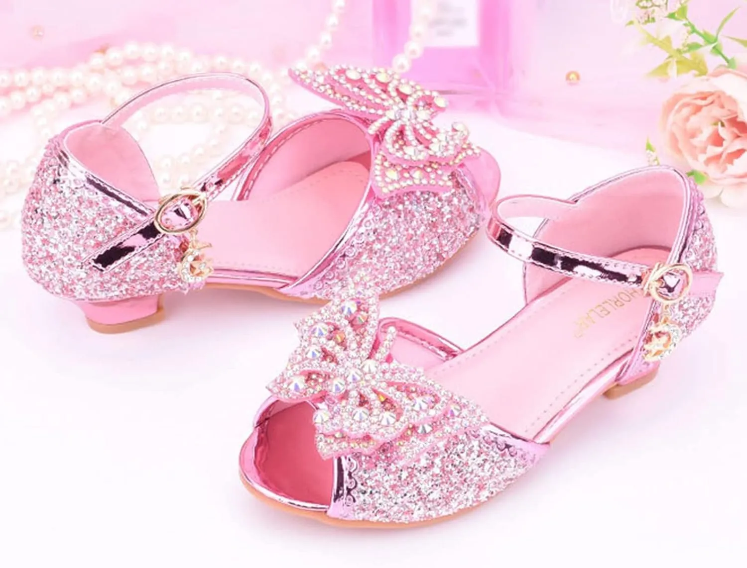 Kids Girls Party Wedding Sandals rystal Heels Open Toe Bow Formal Dress Shoes Princess Bridesmaid Shining Sandals